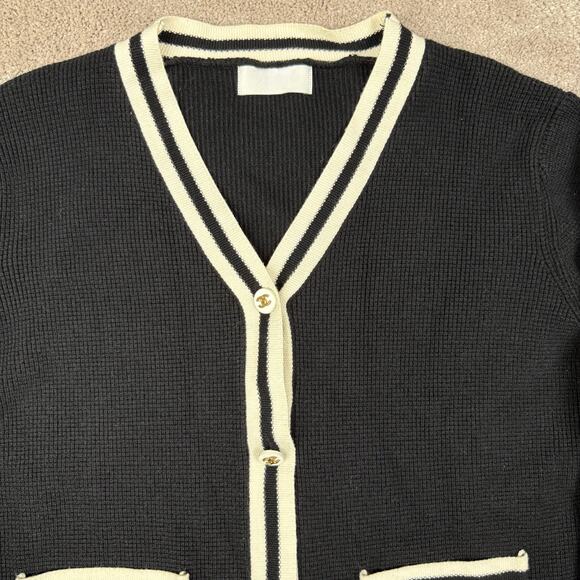 Black Cardigan Cream Striped Trim 19 CC Size S Old Money Timeless Preppy - Picture 2 of 5